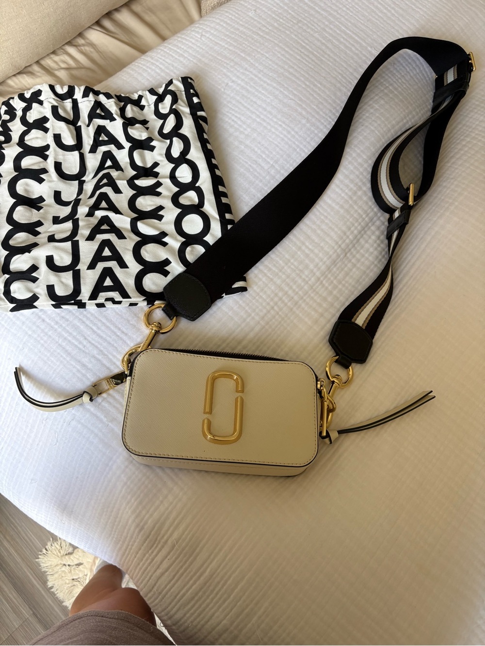 Marc Jacobs Cream Snapshot Camera Crossbody with Black Strap